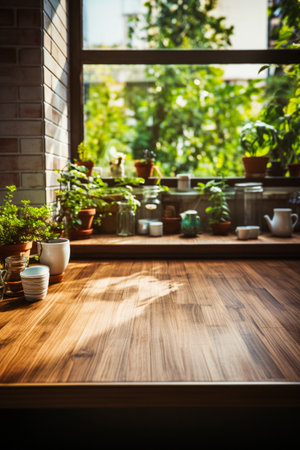 Wooden table topped with potted plants next to window. Generative AI.の素材