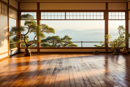 Empty room with view of the mountains and trees. Generative AI.の素材