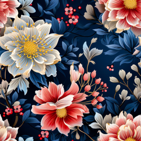 Blue background with red, white, and blue flowers. Generative AI.の素材