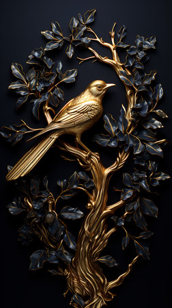 Gold bird sitting on top of golden tree branch. Generative AI.の素材