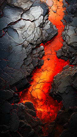 Close up of lava with red light coming out of it. Generative AI.の素材