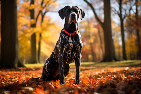Black and white dog sitting on top of a pile of leaves. Generative AI.の素材
