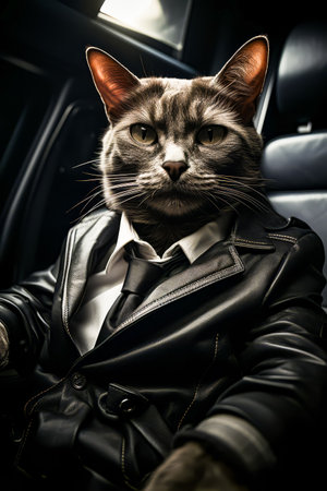 Cat in leather jacket and tie sitting in car. Generative AI.の素材