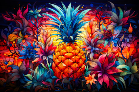 Image of pineapple surrounded by flowers and leaves. Generative AI.の素材