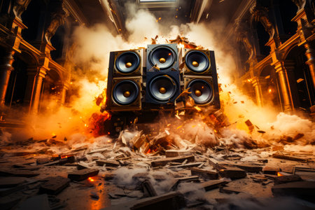 Bunch of speakers sitting on top of pile of rubble. Generative AI.の素材