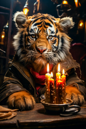 Stuffed tiger sitting in front of cake with lit candles. Generative AI.の素材