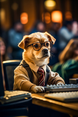 Dog wearing glasses and tie sitting in front of keyboard. Generative AI.の素材
