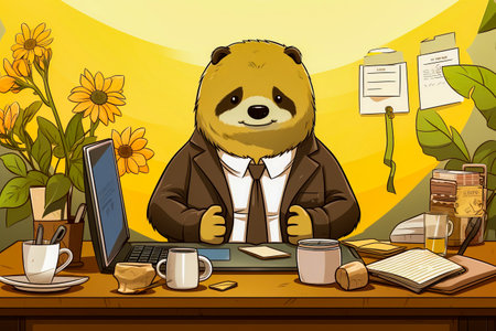 Cartoon bear is sitting at desk with laptop. Generative AI.の素材