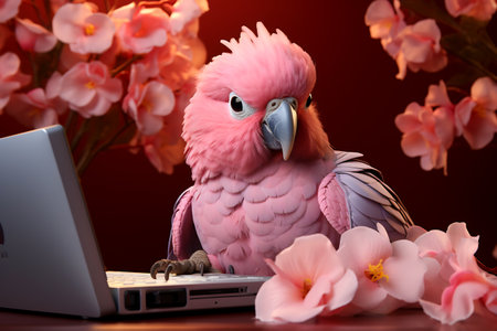 Pink parrot sitting on top of laptop computer next to pink flowers. Generative AI.の素材
