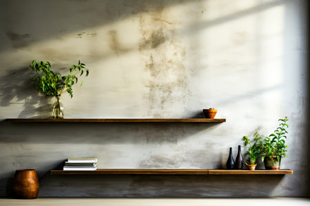 Couple of shelves that have some plants on top of them. Generative AI.の素材