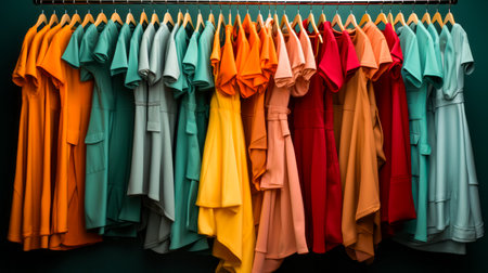 Rack of different colored dresses hanging on clothes rack. Generative AI.の素材