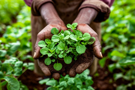 Man is holding a handful of green plants in his left hand. Generative AI.の素材