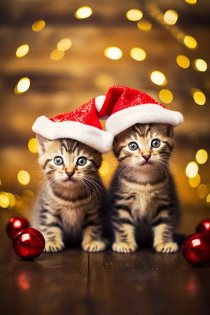 Two kittens wearing Santa hats sit in front of Christmas ball background. Generative AI.の素材