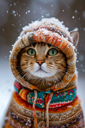Cat wearing colorful sweater and scarf in the snow. Generative AI.の素材