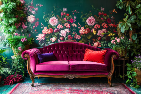 Purple couch with floral patterns on the back and red pillow on it. Generative AI.の素材