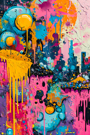 Colorful painting with cityscape and abstract shapes. Generative AI.の素材