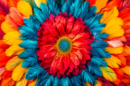 Colorful flower with yellow center and bright distinct petals in red pink orange and blue. Generative AI.の素材