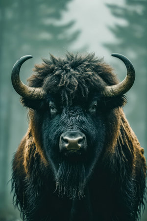 Close up of brown and black bull with large horns. Generative AI.の素材