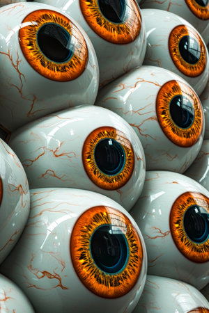 Close up of group of eyes with yellow and orange iris like in cat's eye except they are white and black. Generative AI.の素材