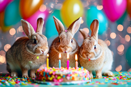 Three rabbits are standing in front of birthday cake with colorful sprinkles on it. Generative AI.の素材