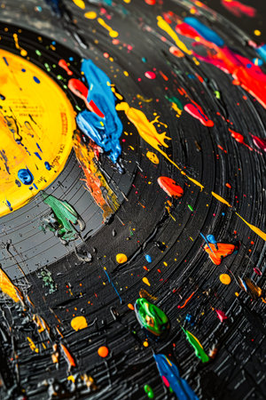 Record has been painted with a variety of bright colorful paints that have dripped down its grooves. Generative AI.の素材