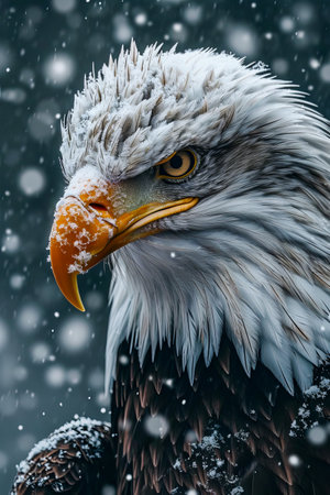 Close up of eagle in snowy weather with yellow beak. Generative AI.の素材