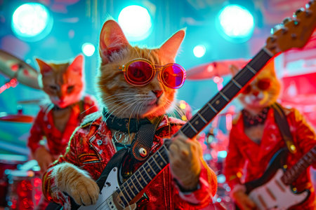 Cat in red and white clothing is holding guitar. Generative AI.の素材