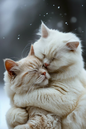 Two cats are huddled together one white and one orange as they are covered in snow. Generative AI.の素材