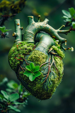 Green heart has mossy root-like system coming out of it and is surrounded by leaves. Generative AI.の素材