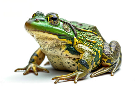 Green and yellow frog with its mouth open. Generative AI.の素材