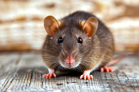 Rat with big whiskers and small black eyes stars directly at the camera. Generative AI.の素材