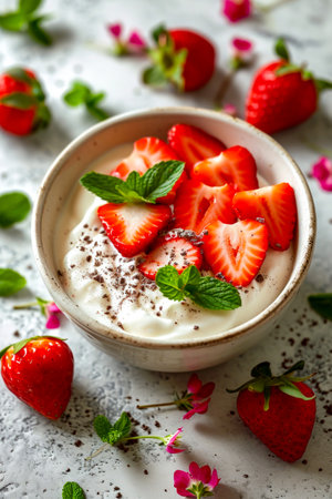 Bowl of strawberries and cream with green leaves on top. Generative AI.の素材