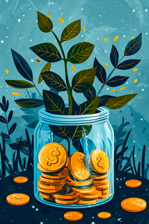 Jar filled with coins and plant on top. Generative AI.の素材
