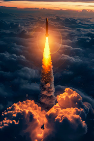 Rocket shoots through cloudy sky with the sun glaring behind it. Generative AI.の素材