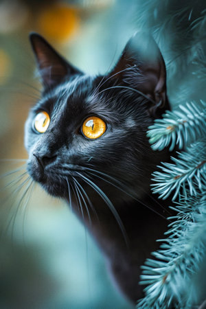 Black cat with yellow eyes stars at something in the distance. Generative AI.の素材