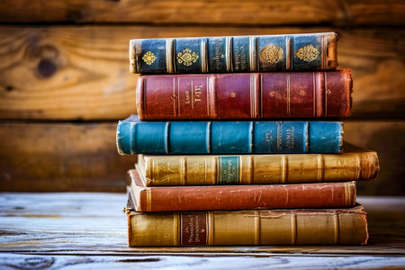 Stack of old books with different colors and sizes. Generative AI.の素材