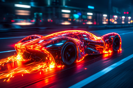 Car in motion has stream of light behind it creating illusion of fire. Generative AI.の素材