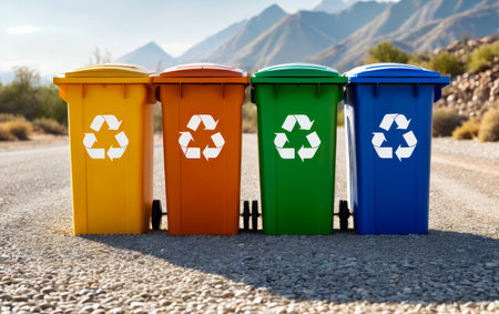 Five trash receptacles each different color of the rainbow lined up on pavement. Generative AI.の素材