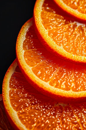 Close up of three orange slices one on top and two stacked below. Generative AI.の素材