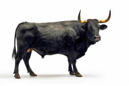 Bull with long horns stands in white room. Generative AI.の素材