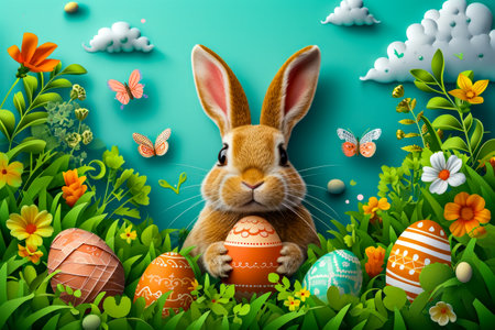 Rabbit holding egg in front of background featuring butterflies and other eggs. Generative AI.の素材