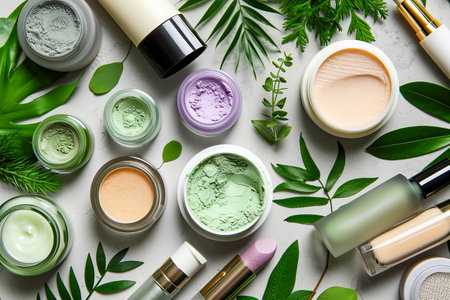 Display of various make up products including foundations and lipsticks. Generative AI.の素材
