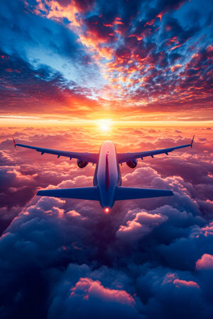 Airplane is flying through the cloudy sky with the sun shining behind it creating an impressive backdrop for its journey. Generative AI.の素材