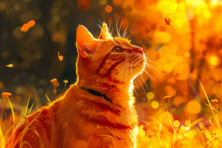 Cat with long whiskers sits in field of flowers looking up. Generative AI.の素材