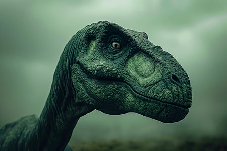 Close up of dinosaur with green skin and brown eyes. Generative AI.の素材