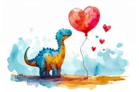 Cartoon dinosaur is standing next to flying red heart shaped balloon. Generative AI.の素材