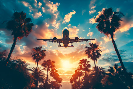 Airplane is flying over beautiful landscape with palm trees and sunset in the background. Generative AI.の素材