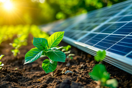 Small plant is growing out of hole in the ground near large solar panel. Generative AI.の素材