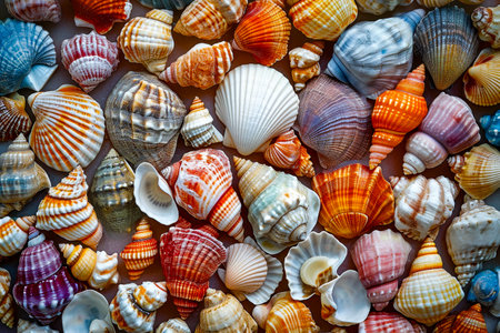 Close up of many different colored shells arranged in visually appealing pattern. Generative AI.の素材