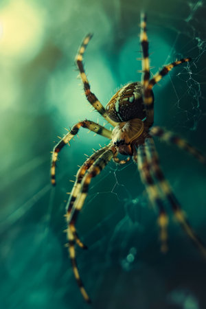 Spider with yellow and black head sitting on green background. Generative AI.の素材